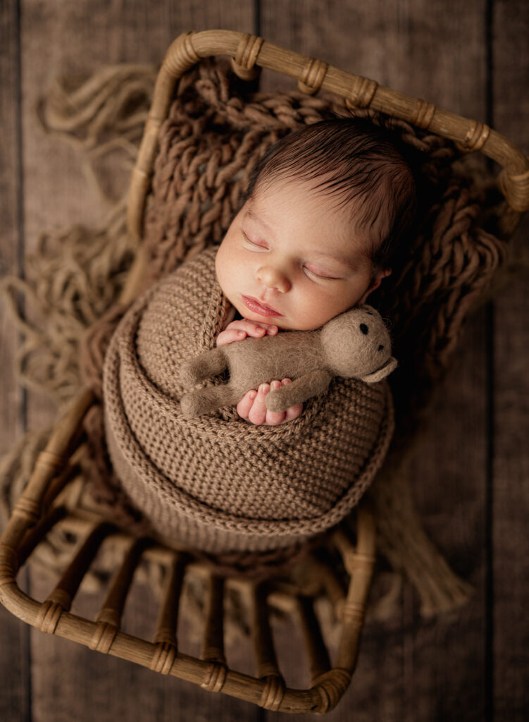 Posed baby in brown with a teddy bear. 